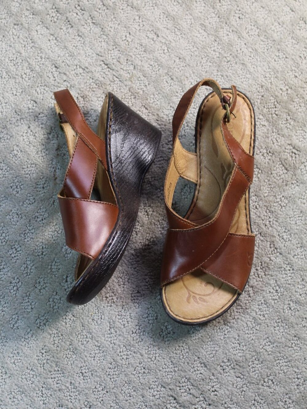 Born Size 8 Cognac Cross Over Leather Faux Wood Wedge Heels